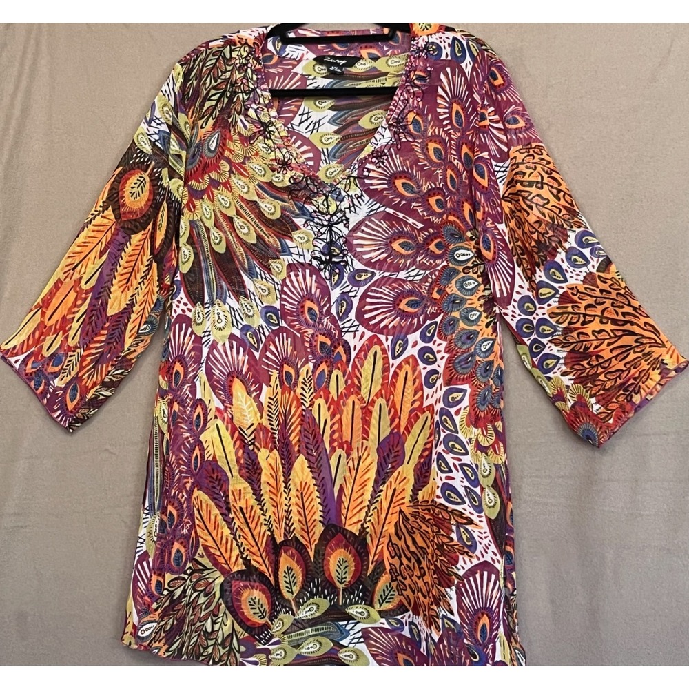 Zury Peacock‎ Feather Print Tunic Top 3/4 Sleeve Blouse V Neck Summer Floral S/M